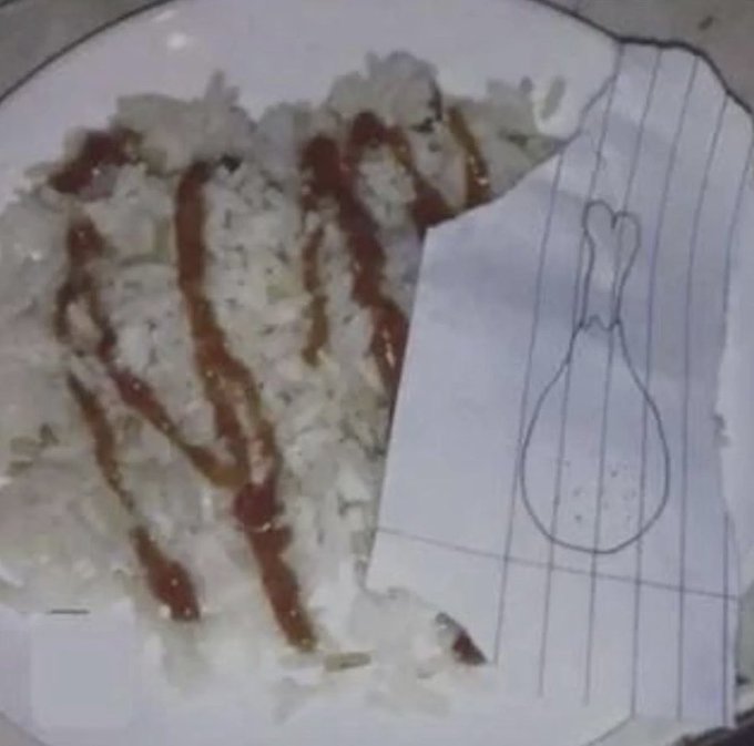 The image features a plate of rice with sauce, possibly ketchup or gravy, and a drawing of a chicken leg on a piece of paper next to the plate. The text "Breakfast in the bear market" is also present in the image.