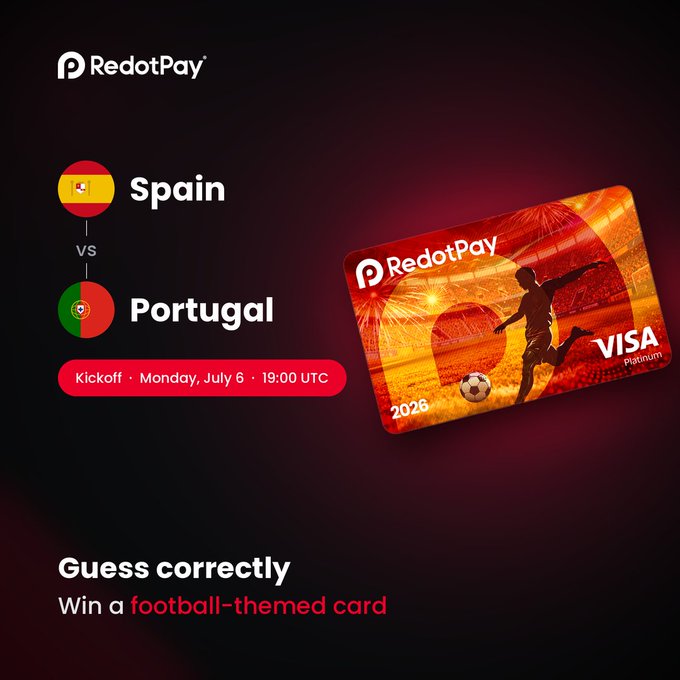 A RedotPay promotional graphic for a "Spain vs Portugal" match on Monday, July 6 at 19:00 UTC, featuring a football-themed Visa Platinum card design for 2026 and inviting users to guess the winner to win a card.
