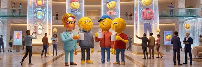 A 3D-rendered lobby scene shows large yellow smiley face characters in various outfits mingling with human figures in an upscale interior.