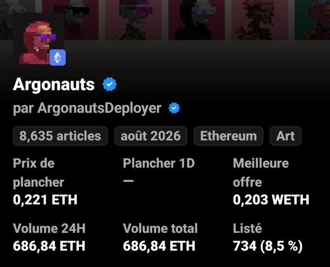 A digital collectible profile page for 'Argonauts' by ArgonautsDeployer, showing 8,635 articles, dated août 2026, on Ethereum, with a floor price of 0.221 ETH, 24H volume of 686.84 ETH, and 734 listed (8.5%).