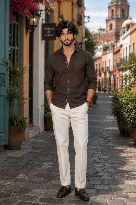 A man with dark curly hair and a beard stands on a cobblestone street, wearing a brown button-up shirt and white pants, with a 'Galeria de Arte' sign visible in the background.