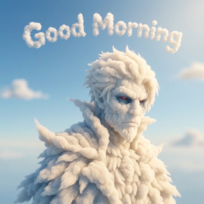 A 3D-rendered character made of cloud-like white material with red eyes, set against a blue sky background, with 'Good Morning' spelled out in clouds at the top.