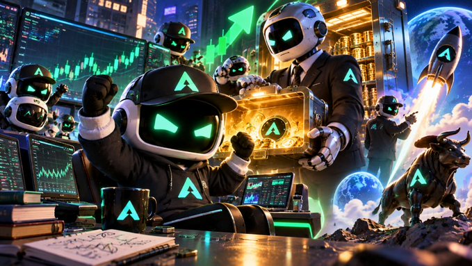 The image depicts a group of anthropomorphic robots wearing suits and caps emblazoned with a glowing green "A" logo, gathered around a briefcase filled with gold coins also bearing the "A" symbol, with trading charts, city skylines, a rocket, and a bull in the background—symbolizing Agentics' ("@agenticscredit") focus on trading, funded accounts, and growth, while the surrounding imagery suggests the absence of a public token sale (no live tokens or minted tokens shown) and instead emphasizes building a trading reputation.