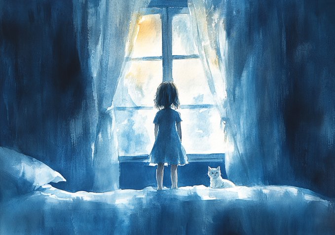 The image features a young girl standing by an open window with curtains, looking out at something outside. A cat can be seen sitting near her on the windowsill. The scene appears to be from a painting or illustration, as indicated by the watercolor style of the artwork and the presence of the girl's dress.