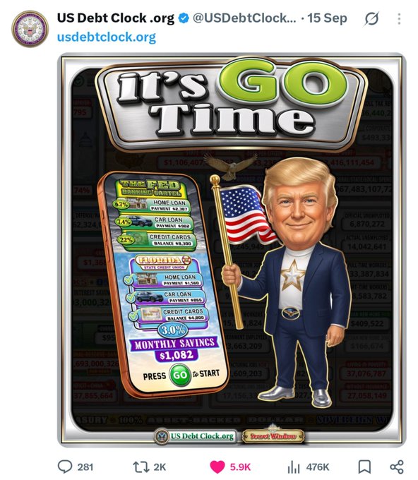 A screenshot of a post from 'US Debt Clock .org' (@USDebtClock...) dated 15 Sep, featuring a cartoon caricature of Donald Trump holding an American flag next to a slot machine graphic titled 'It's GO Time'.