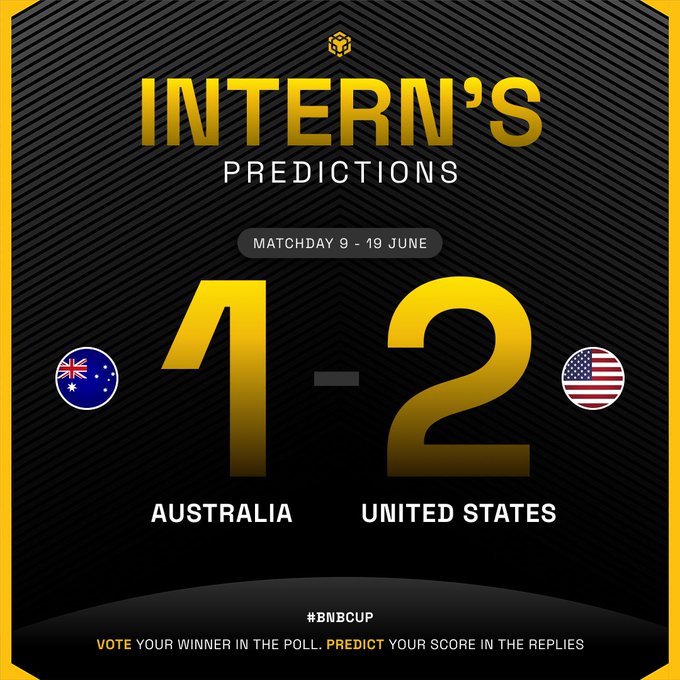 The Intern' s Predictions for #BNBCup are in: Australia vs USA The Intern' s favouring Australia with a scoreline of 1-2 Agree or disagree? Vote your winner in the poll below ... Most correct scores over the week wins.