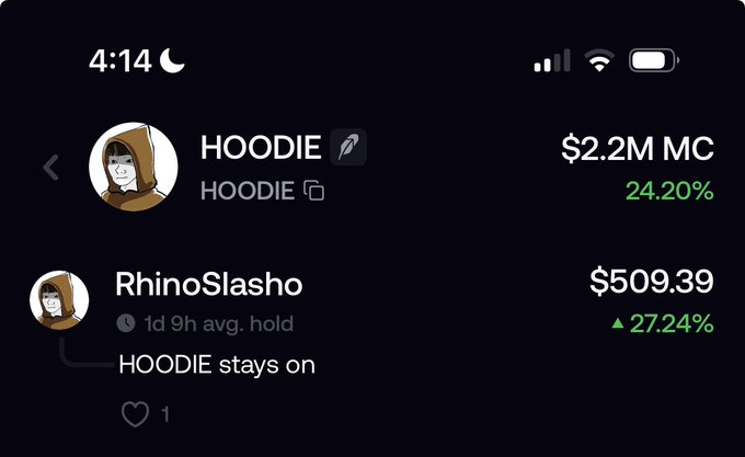Mobile app screenshot showing the HOODIE token with a $2.2M market cap (24.20% green), held by user 'RhinoSlasho' for 1 day 9 hours with a $509.39 value, captioned 'HOODIE stays on'.
