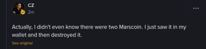 A social media post from CZ reading: 'Actually, I didn't even know there were two Marscoin. I just saw it in my wallet and then destroyed it.'