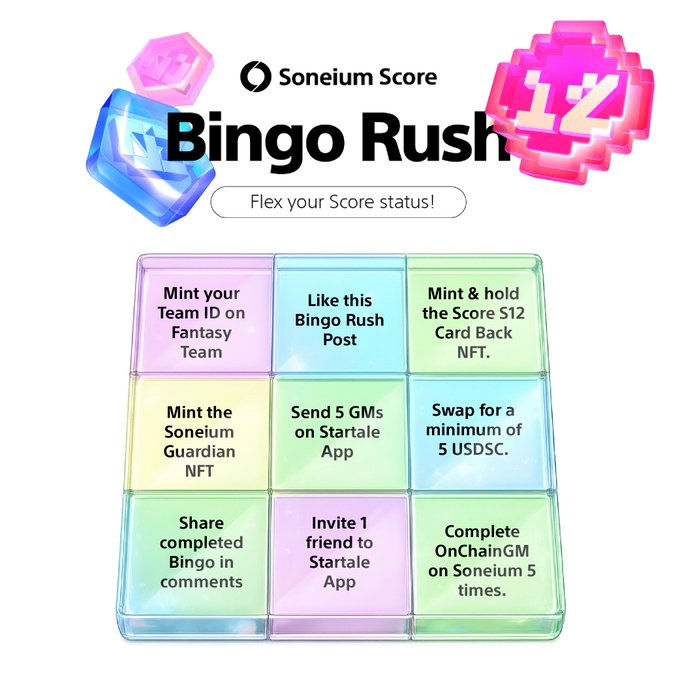 A Soneium Score Bingo Rush promotional graphic featuring a 3x3 bingo grid with tasks including 'Mint your Team ID on Fantasy Team', 'Mint the Soneium Guardian NFT', and 'Complete OnChainGM on Soneium 5 times', with the tagline 'Flex your Score status!'