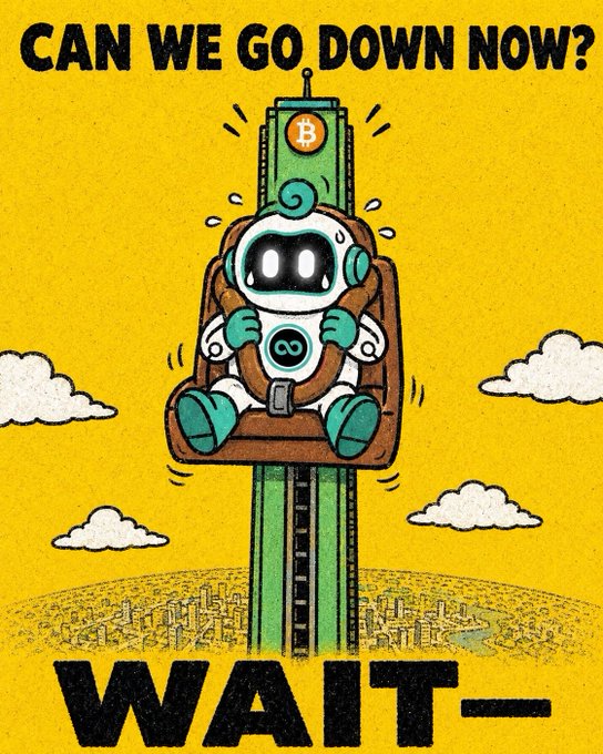A cartoon astronaut strapped into a rollercoaster chair atop a towering Bitcoin-themed ride screams "CAN WE GO DOWN NOW?" against a yellow sky, with "WAIT—" displayed below, humorously capturing the post's theme of anxiously anticipating a Bitcoin price reversal after a steep climb.