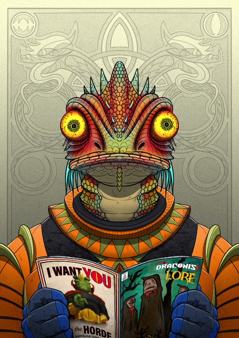 A colorful illustration of a reptilian creature with large yellow eyes reading two books titled 'I WANT YOU the HORDE' and 'DRAGON'S LORE' against an ornate background.