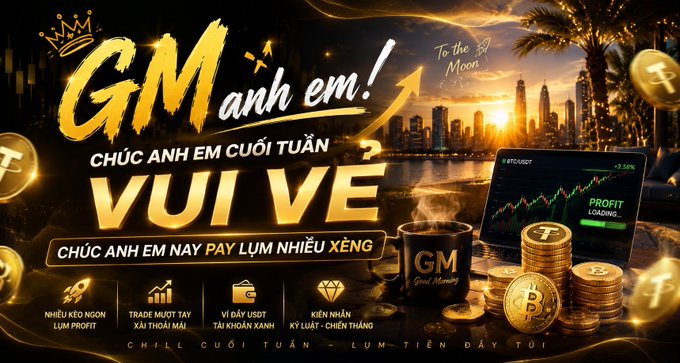 A Vietnamese crypto-themed graphic saying 'GM anh em!' wishing a happy weekend and profits ('CHÚC ANH EM CUỐI TUẦN VUI VẺ, CHÚC ANH EM NAY PÀY LÚM NHÌU XÈNG') with Bitcoin and gold imagery.