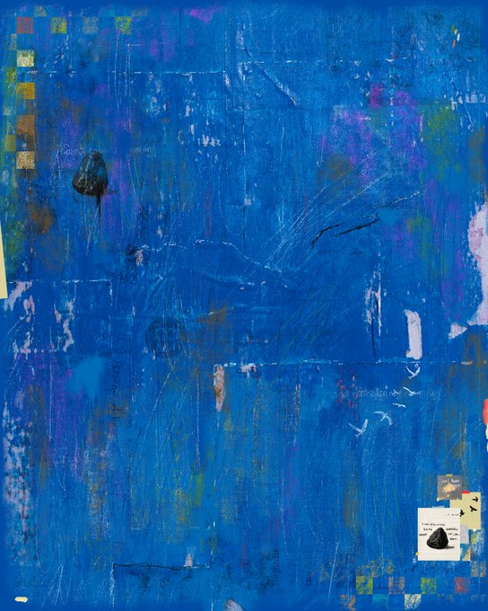 An abstract mixed-media artwork dominated by a vibrant blue color palette, featuring layered brushstrokes, collage elements, and faint textures on the canvas.