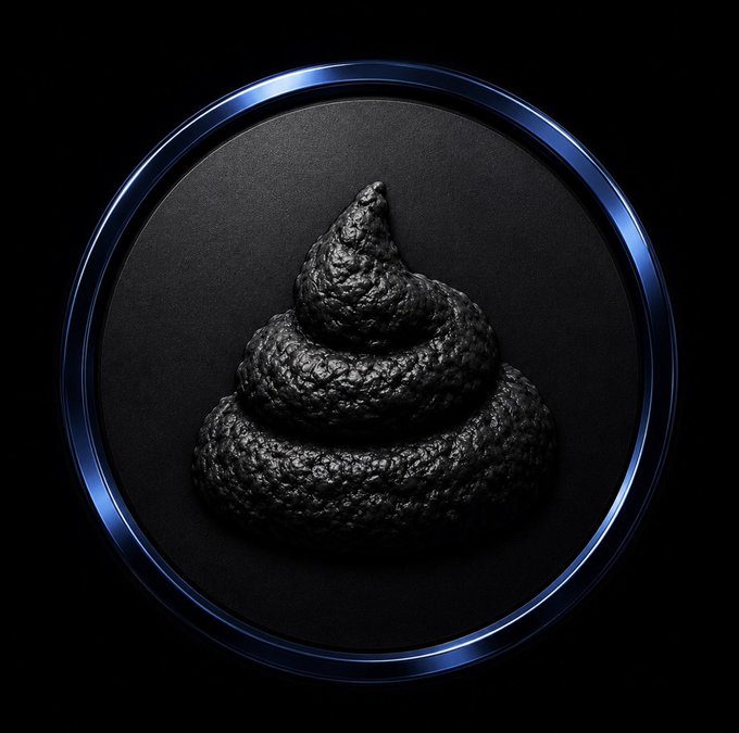 A glossy, coiled black mound resembling excrement sits centered against a dark textured background within a metallic blue circular frame.