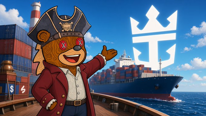 An illustration of a pirate bear mascot in a captain's hat standing on a dock with shipping containers and a large cargo ship featuring a logo in the background.