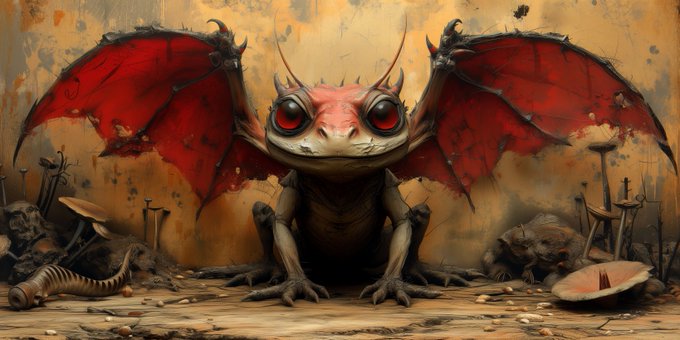 A stylized digital artwork of a cute red-winged dragon-like creature with large red eyes, sitting in a desolate landscape with mushrooms and skeletal remains.