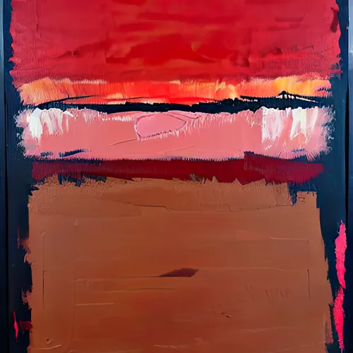 An abstract painting composed of thick, textured horizontal bands of red, pink, white, dark blue, and orange paint.