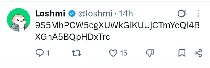 A tweet from verified user Loshmi (@loshmi) displays a Base58-encoded string ("9S5MhPCW5cgXUWkGiKUUjCTmYcQi4BXGnA5BQpHDxTrc"), suggesting Loshmi was deceived by a scam comment in @world_xyz's section, as referenced in the accompanying post.
