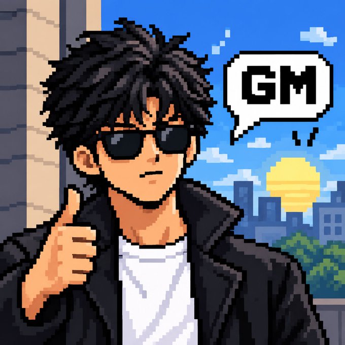 A pixel art image of a young man with dark hair and sunglasses giving a thumbs up, with a speech bubble reading 'GM' (good morning) against a city skyline at sunrise.