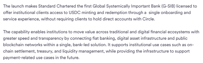 A text excerpt announcing Standard Chartered's partnership with Circle, making it the first Global Systemically Important Bank (G-SIB) to offer institutional clients USDC minting and redemption services through a single onboarding experience, enabling seamless movement between fiat and digital asset ecosystems.