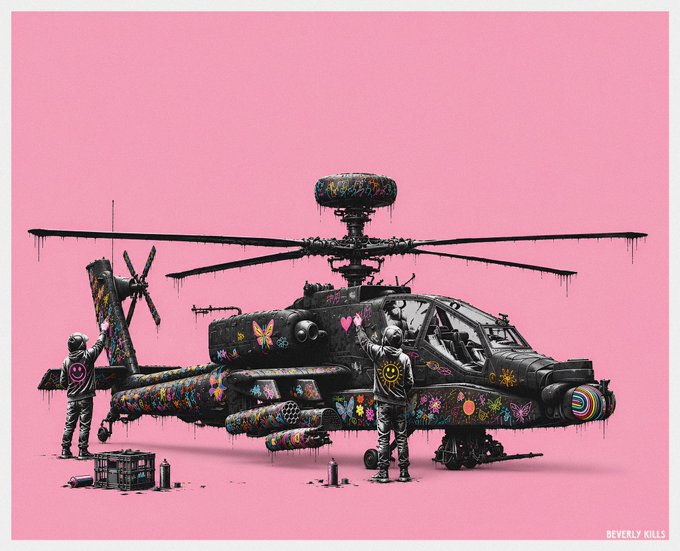 An artistic illustration of a black Apache attack helicopter decorated with colorful floral patterns and pink butterflies, set against a solid pink background, with the text 'BEVERLY KILLS' in the corner.