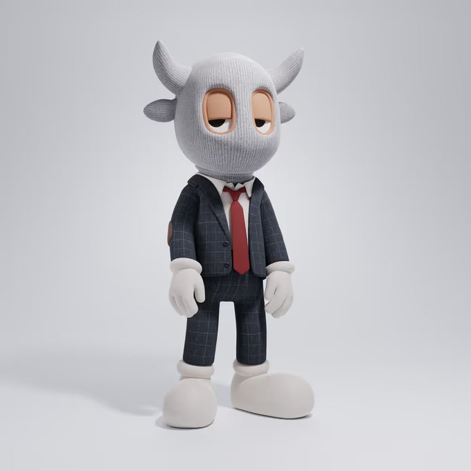 A 3D-rendered character figurine features a gray knitted hood with horns, wearing a navy checkered suit with a red tie.