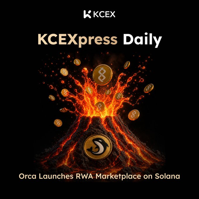 The image features a black background with an orange explosion coming out of a volcano. The text "KCEX daily" is written above the explosion, indicating that this is related to the KCEX daily news feed or a daily update from KCEX. Below the explosion, there are some coins scattered around, which could be associated with the RWA Marketplace on Solana. The image also includes a small gold coin and a small silver coin, adding to the overall visual appeal of the post.