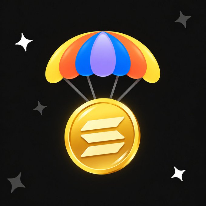 A colorful parachute delivers a large gold Solana ($SOL) token, marked with the recognizable three-bar Solana logo, against a starry black background—visually representing an airdrop of SOL tokens being sent to followers.