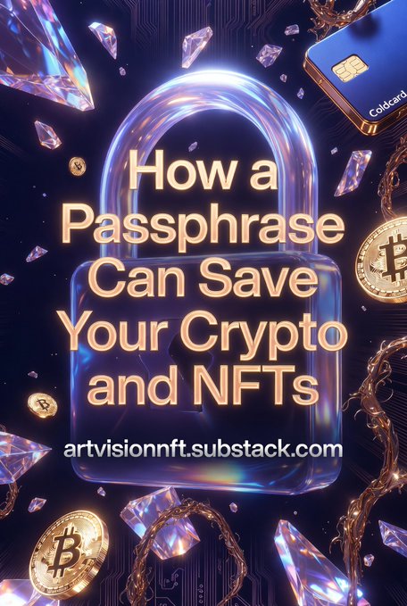 A digital poster reading "How a Passphrase Can Save Your Crypto and NFTs" with a glowing padlock, gemstones, Bitcoin coins, and a Coldcard device, credited to artvisionnft.substack.com.