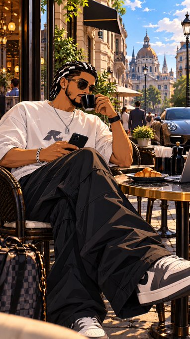 A stylish man with long dreadlocks sits at a Parisian café, sipping coffee while scrolling through his phone. A checkered designer bag rests by his feet as ornate European architecture and parked cars line the sunlit street behind him, perfectly matching the caption's sentiment of savoring a perfect morning moment.