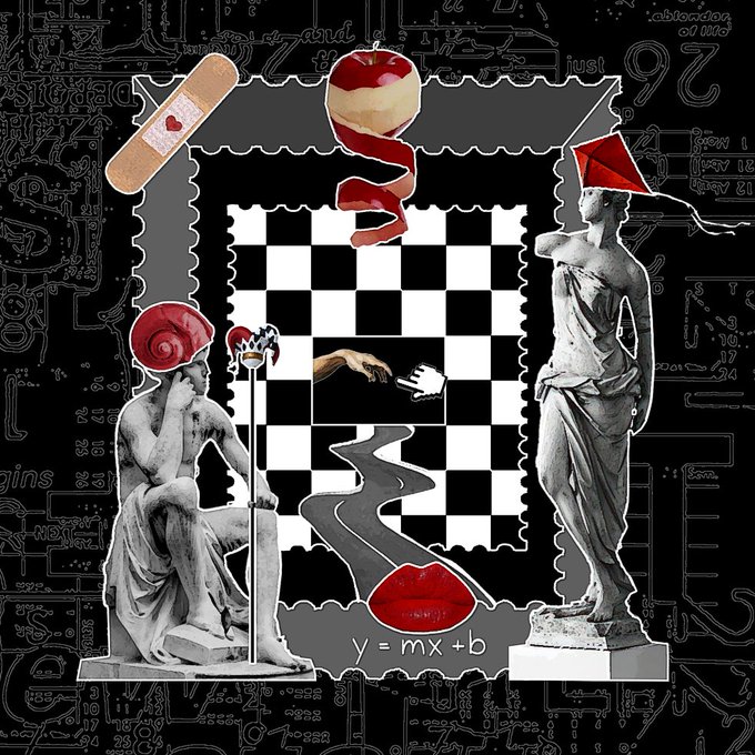 The collage features classical statues, a checkered chess board, an apple with a peeling skin, a band-aid, a snail, lips, and a kite, overlaid on a background of cryptic symbols and the equation "y = mx + b." Accompanied by the cryptic post "GM This is US! 4|10 10 TEZ," the image seems to convey an esoteric or abstract message, blending classical art, mathematical notation, and surreal imagery to reflect a complex, perhaps philosophical statement about identity or existence.