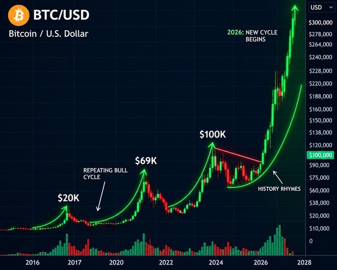 A BTC/USD Bitcoin price chart showing historical peaks at $20K (2017), $69K (2021), and $100K (2024), with a projected new bull cycle beginning in 2026 and extending past $300K by 2028.