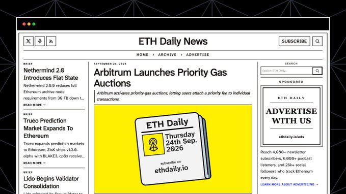 ETH Daily News website featuring an article about 'Arbitrum Launches Priority Gas Auctions' from September 24, 2025, along with sidebar stories about Nethermind 2.9.0, Trueo Prediction Market, and Lido Validator Consolidation.