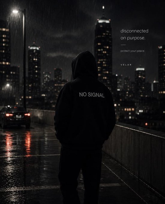 A lone figure in a hooded sweatshirt reading "NO SIGNAL" stands on a rain-slicked urban overpass at night, with the text "disconnected on purpose. protect your peace." displayed alongside the Velar brand mark. The image's theme of intentional disconnection mirrors the post's message about a warrior stepping back to focus on long-term priorities.
