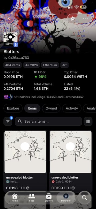 A screenshot of an NFT collection called "Blotters" on OpenSea, showing a floor price of 0.0198 ETH, 404 items, and 181 holders, with two unrevealed blotter items listed at 0.0198 ETH and 0.0199 ETH. The simple caption "Nice" appears to be a casual, positive reaction to the collection's metrics and listings.