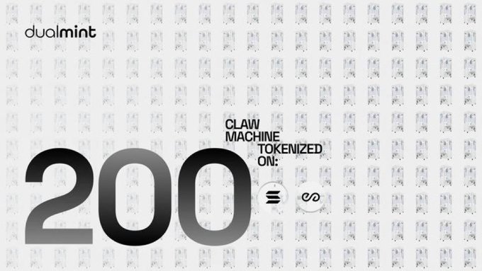 A promotional graphic for dualmint announcing 'CLAW MACHINE' tokenization, prominently displaying the number '200' in large black gradient font against a white background patterned with claw machine illustrations.