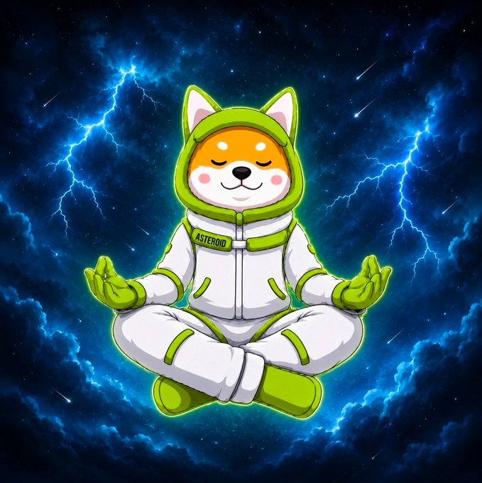 A Shiba Inu dog wearing a green and white spacesuit labeled 'ASTEROID' meditating in a lotus position against a cosmic blue background with lightning and shooting stars.