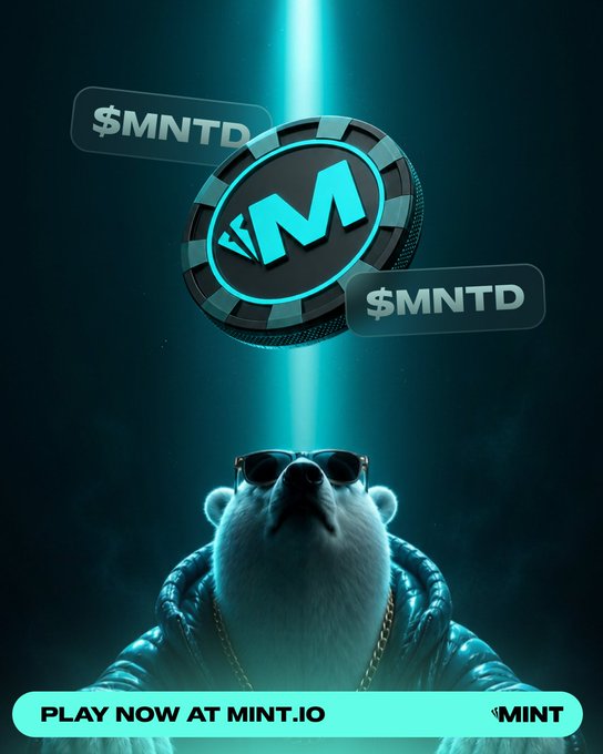 A promotional graphic for $MNTD token showing a stylized polar bear wearing sunglasses and a puffer jacket, with a coin featuring the 'M' logo and 'PLAY NOW AT MINT.IO' text.
