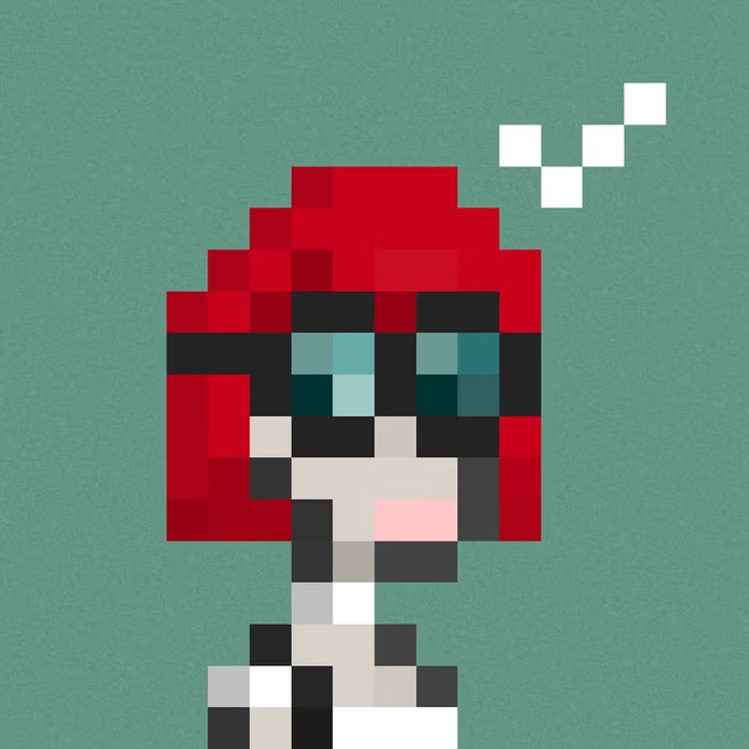 A pixel art character with bright red hair, large sunglasses, and a checkered black-and-white outfit against a teal background, with small white pixels floating above.