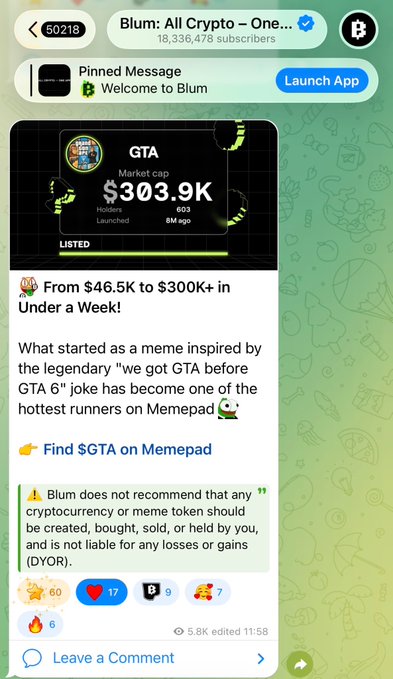 The image shows a screenshot of a message app with a large green background that says "Blum, All-Cryto-One". In the center, there are two messages posted by people named @blumcrypto and @ton_blockchain. They both seem to be discussing or reviewing various cryptocurrency projects and their development. The main post is about finding out more information about these projects on Mempad. It also mentions that they have received a huge response from other cryptocurrency enthusiasts, and the project is gaining momentum.