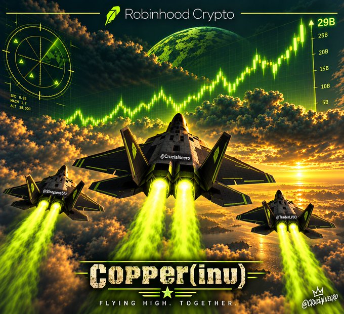 A promotional graphic for Robinhood Crypto displays fighter jets with green exhaust trails flying through cloudy skies alongside a stock chart, branded with 'Copper(inu)' and 'Flying High. Together.'