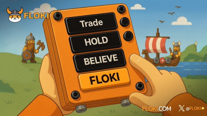 A promotional illustration for FLOKI cryptocurrency featuring a cartoon Viking hand pressing a button labeled 'FLOKI' on a control panel with options 'Trade', 'HOLD', and 'BELIEVE', with FLOKI.COM and @FLOKI branding.