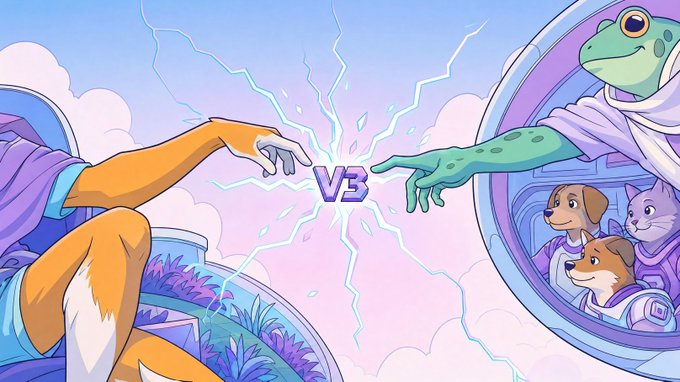 Two astronauts—a fox on the left and a frog with a dog and cat on the right—reach out to touch fingertips, sparking an electric bolt between their hands that spells "V3" in the center, visually representing the launch of the new fusing V3 protocol as a cosmic fusion of assets.
