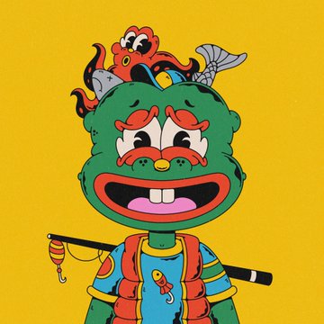 A green cartoon character with a red mask, a life vest, a fishing rod, and a small red octopus on its head.