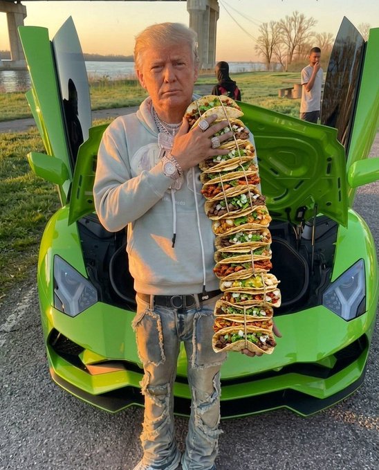 A man with blonde hair and large jewelry standing next to a bright green sports car with its doors open, holding a comically long stack of tacos.