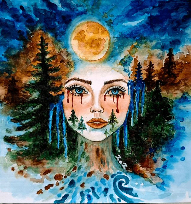 A surreal watercolor portrait shows a pale, ethereal figure with blue eyes bleeding red tears, crowned by a glowing orange moon and surrounded by evergreen trees melting into a dreamlike landscape. The artwork's haunting, mystical quality reflects the post's theme of sharing a single meaningful piece with the art community, with a "2022" signature near the figure's neck.