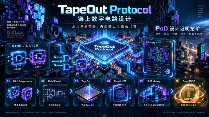 An infographic for 'TapeOut Protocol' detailing on-chain digital circuit design in Chinese and English, with sections for NAND/LATCH, Circuit NFT, and steps including Mint Components, Build Circuit, and PoD Mining.