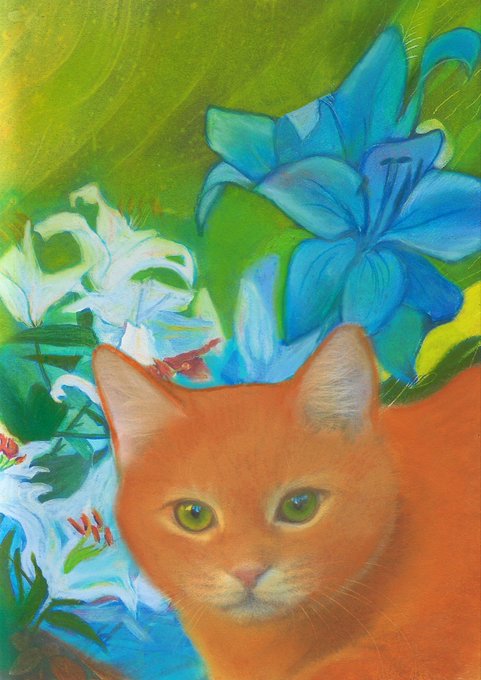 A vibrant pastel artwork featuring a ginger cat with bright green eyes in the foreground, set against a backdrop of large blue lilies and lush green foliage, matching the described NFT titled "Ginger cat" (13/15) created with pastel pencils on objkt.com.