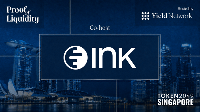 A promotional graphic for Token2049 Singapore announcing an exclusive LP summit hosted by Yield Network with Ink as co-host, set against the Singapore skyline at night, featuring attendee categories like capital providers and RWA issuers.