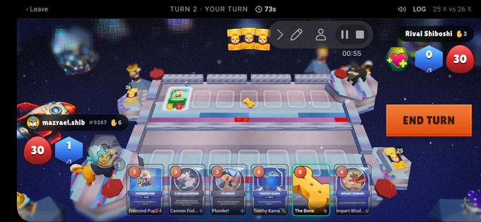 A digital card game in progress showing 'TURN 2 - YOUR TURN' with a 73s timer, player 'mazrael.shib' vs 'Rival Shiboshi' (score 30 vs 0), featuring cards like Plunder!, Cannon Fodder, and The Bank on a space-themed board.